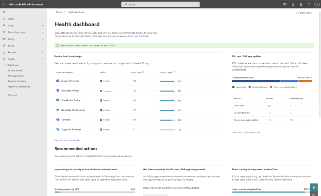 Azure's service status dashboard